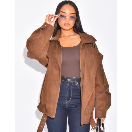 Oversize-Bomberjacke in Wildlederoptik aus Wildlederimitat