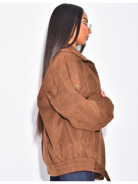 Oversize-Bomberjacke in Wildlederoptik aus Wildlederimitat