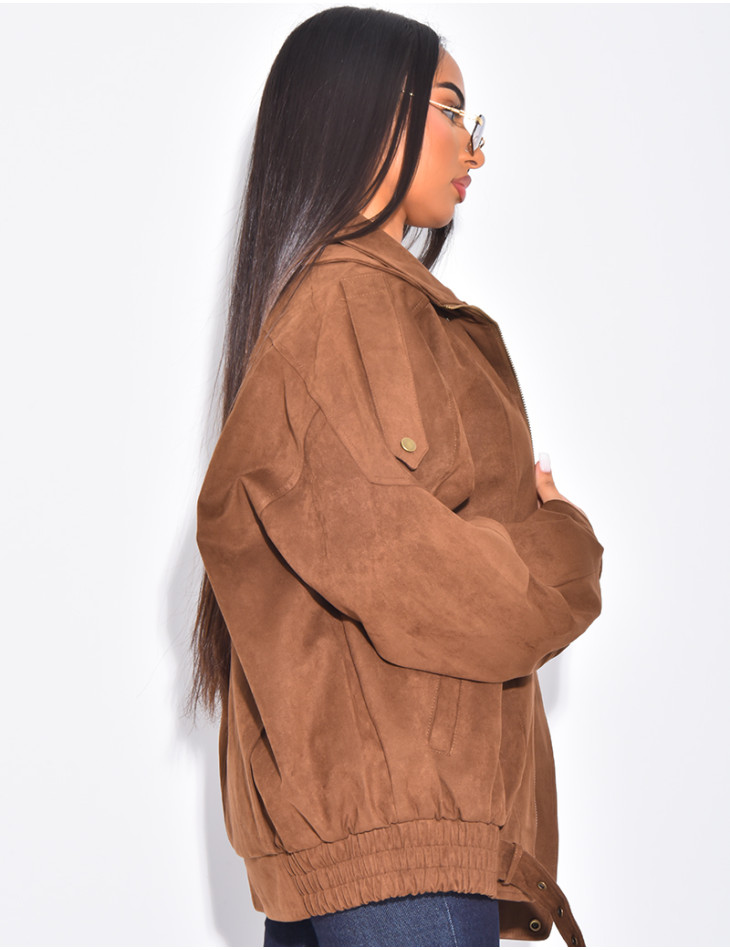 Oversize-Bomberjacke in Wildlederoptik aus Wildlederimitat