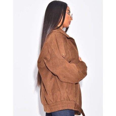 Oversize-Bomberjacke in Wildlederoptik aus Wildlederimitat