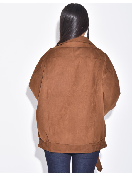 Oversize-Bomberjacke in Wildlederoptik aus Wildlederimitat
