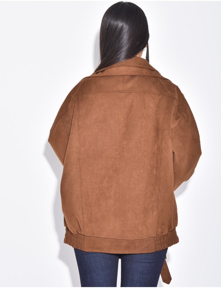 Oversize-Bomberjacke in Wildlederoptik aus Wildlederimitat