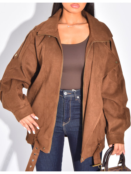 Oversize-Bomberjacke in Wildlederoptik aus Wildlederimitat