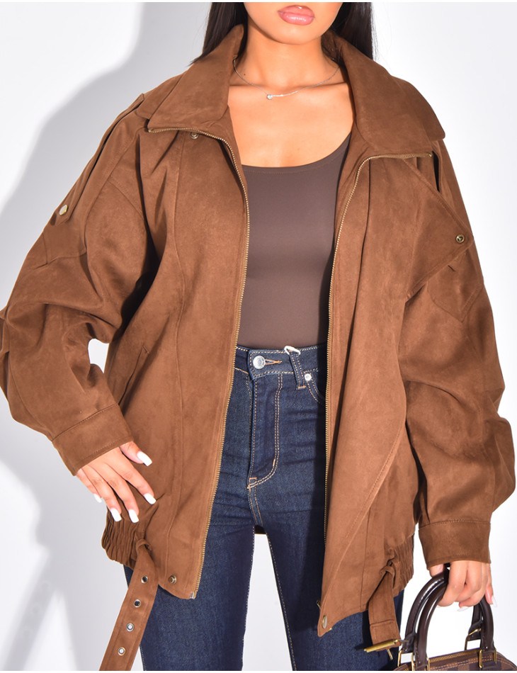 Oversize-Bomberjacke in Wildlederoptik aus Wildlederimitat