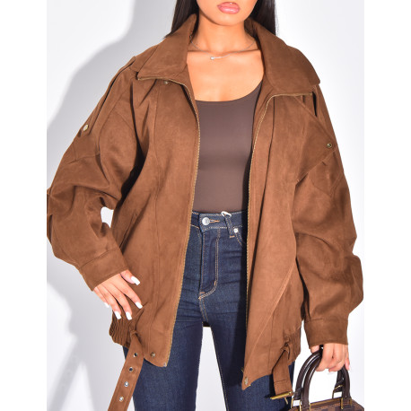 Oversize-Bomberjacke in Wildlederoptik aus Wildlederimitat