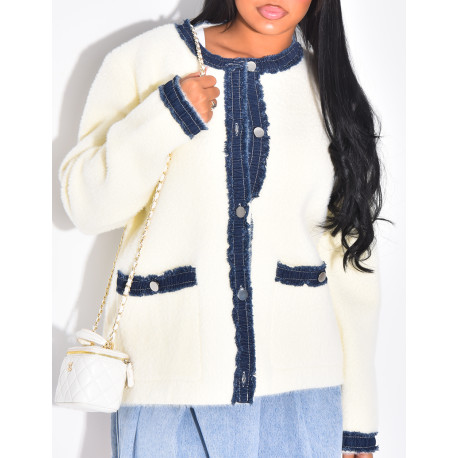Cardigan tout doux à bordures en jeans