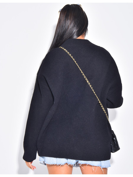 Wool cardigan with denim inserts on the pockets