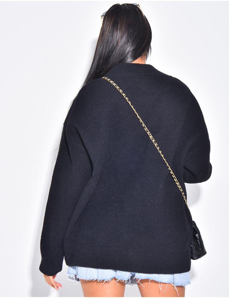 Wool cardigan with denim inserts on the pockets