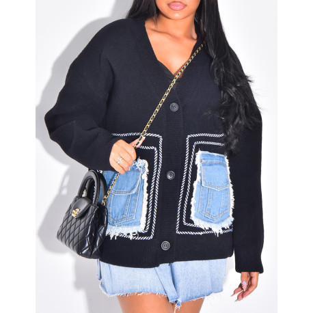 Wool cardigan with denim inserts on the pockets