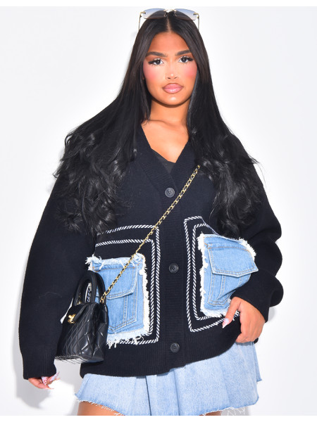 Wool cardigan with denim inserts on the pockets