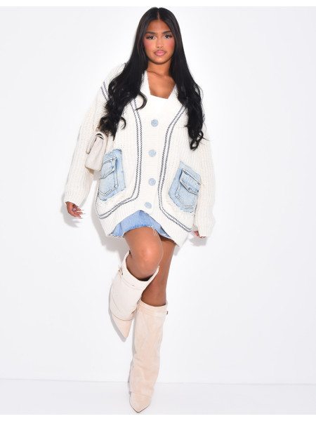 Cardigan oversize en maille épaisse à empiècements en jeans