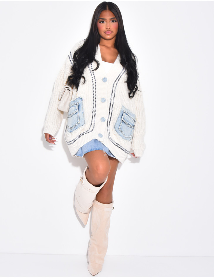 Cardigan oversize en maille épaisse à empiècements en jeans