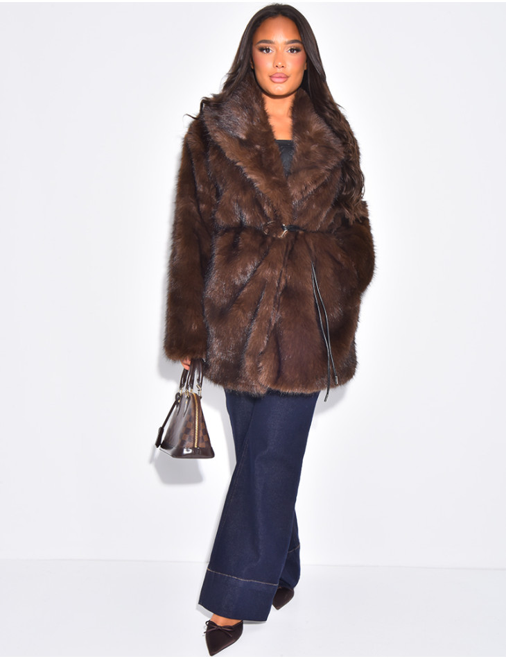 Mid-length belted faux fur jacket