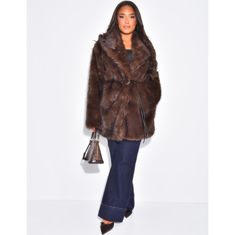 Mid-length belted faux fur jacket
