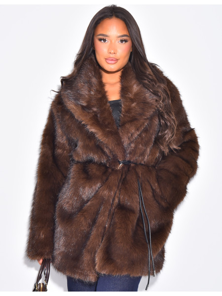 Mid-length belted faux fur jacket