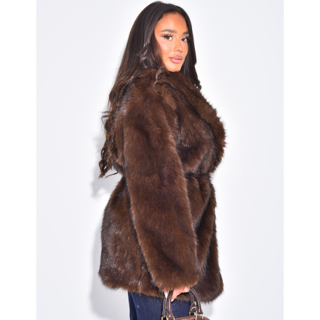 Mid-length belted faux fur jacket