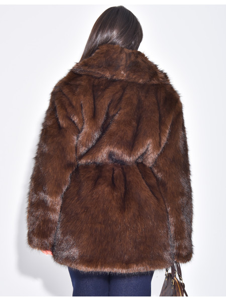 Mid-length belted faux fur jacket