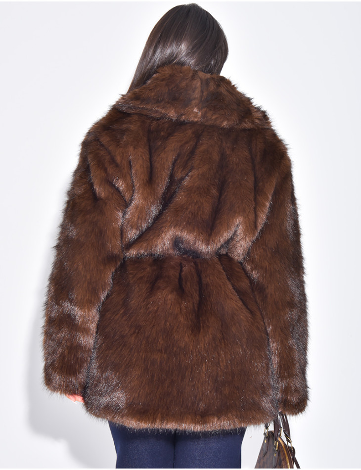 Mid-length belted faux fur jacket