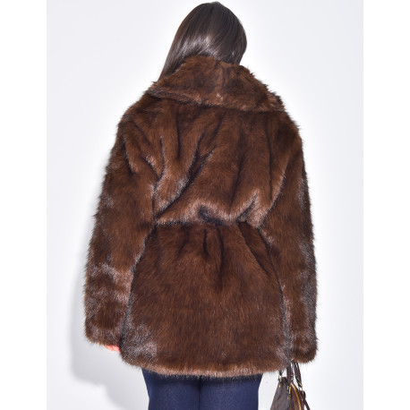 Mid-length belted faux fur jacket