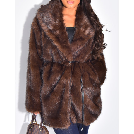 Mid-length belted faux fur jacket