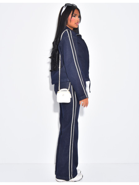 Ensemble veste courte et jeans taille haute à bandes contrastantes