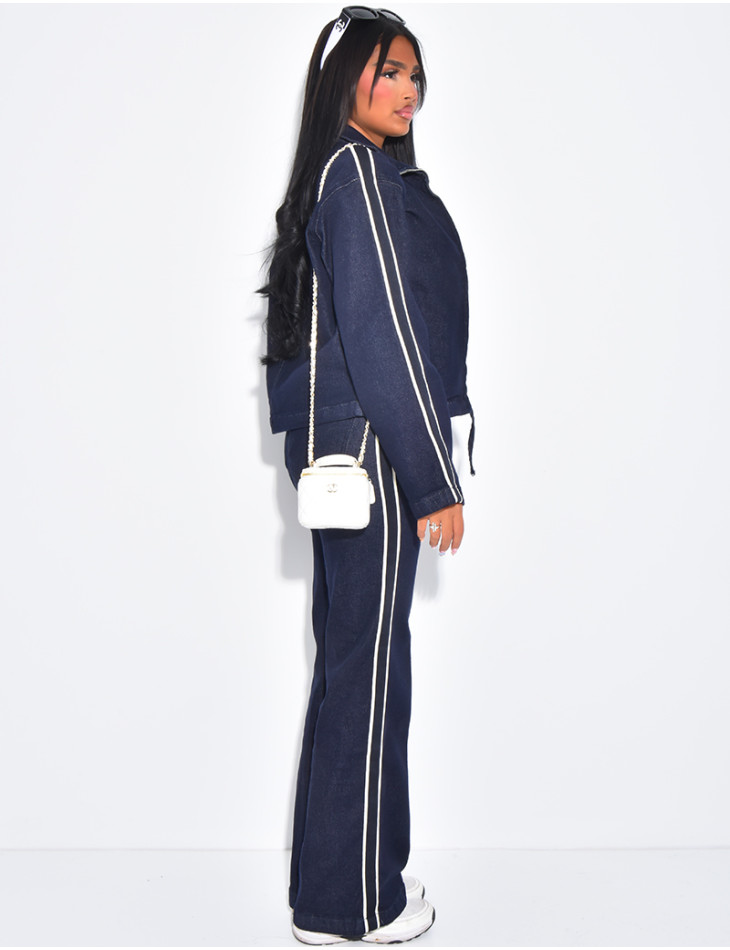Ensemble veste courte et jeans taille haute à bandes contrastantes