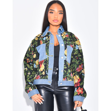 Jeansjacke mit floralen Einsätzen