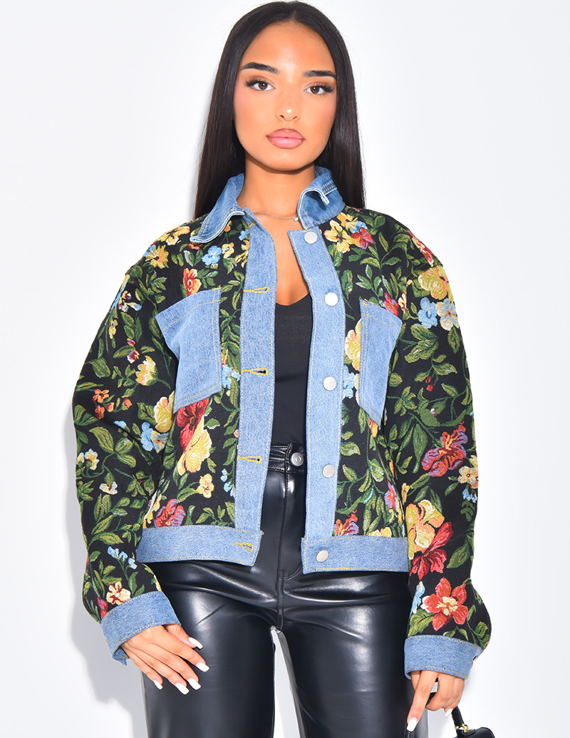 Denim jacket with floral...