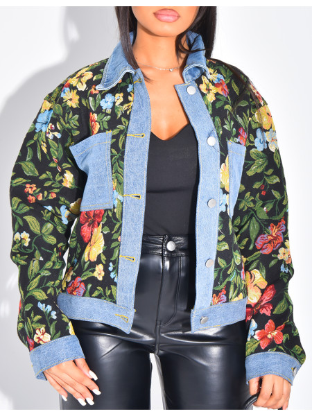 Denim jacket with floral inserts