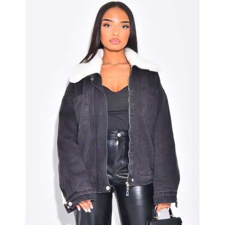 Veste style bombers en jeans fourrée