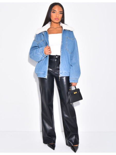 Veste style bombers en jeans fourrée