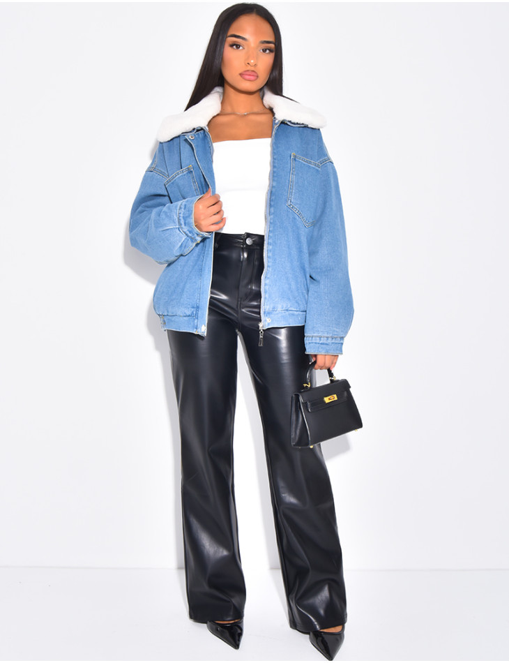 Veste style bombers en jeans fourrée