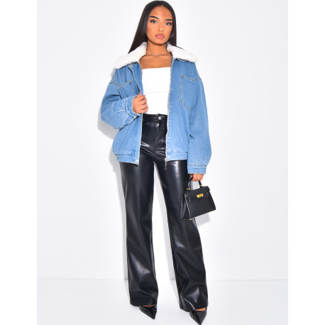 Veste style bombers en jeans fourrée