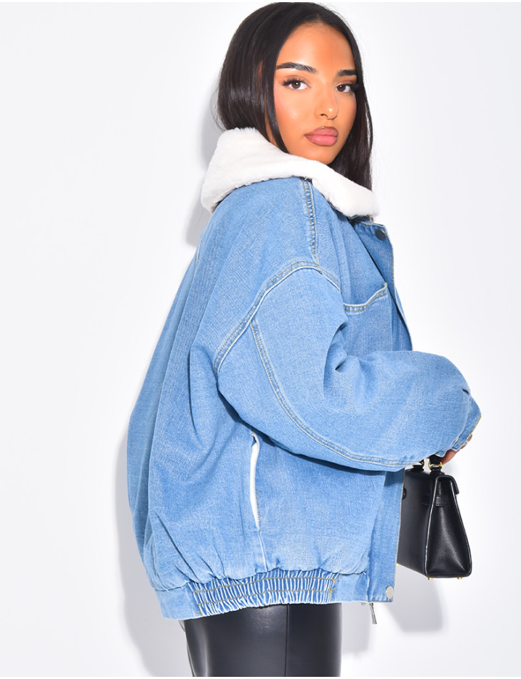 Veste style bombers en jeans fourrée