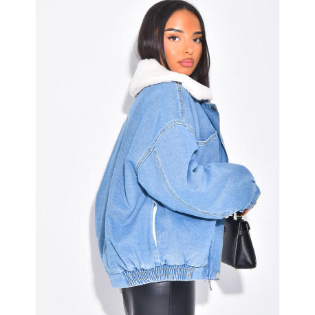 Veste style bombers en jeans fourrée