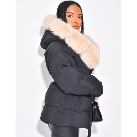 Short bomber-style quilted jacket with fur trim