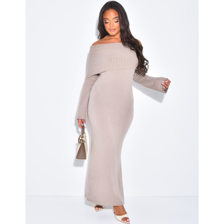Robe longue côtelée à épaules découvertes