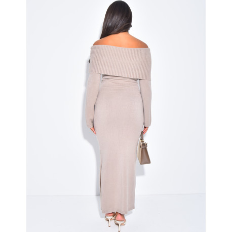 Robe longue côtelée à épaules découvertes