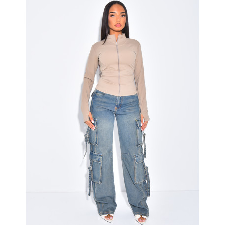 Straight-cut cargo jeans with hanging straps
