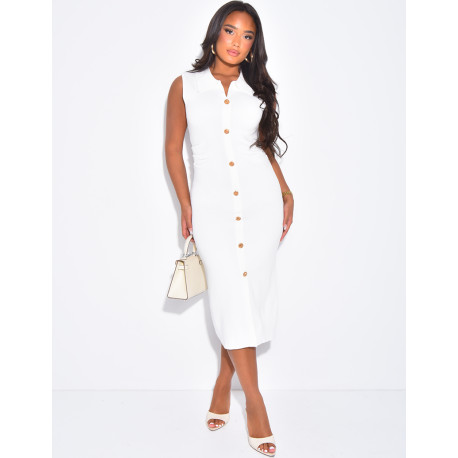 Mid-length sleeveless knit dress with gold buttons
