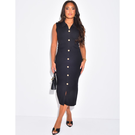 Mid-length sleeveless knit dress with gold buttons