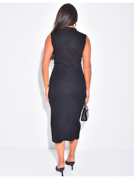 Mid-length sleeveless knit dress with gold buttons