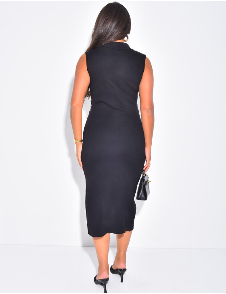 Mid-length sleeveless knit dress with gold buttons