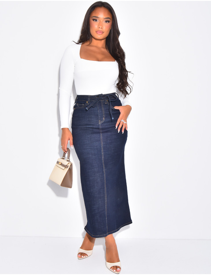 High-waisted, long denim skirt with drawstring waistband
