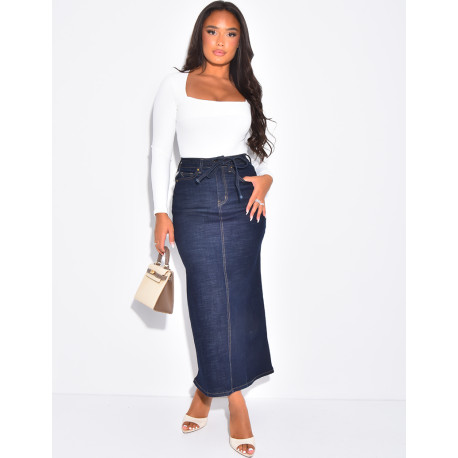 High-waisted, long denim skirt with drawstring waistband