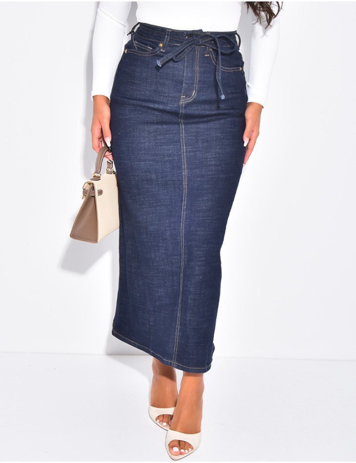 Langer Jeansrock mit hoher Taille und Kordelzug