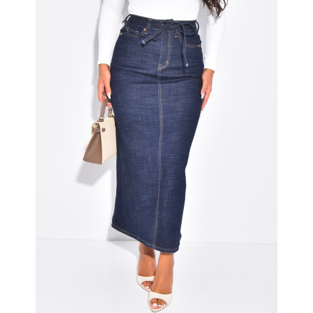 Langer Jeansrock mit hoher Taille und Kordelzug