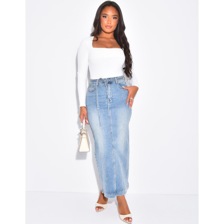 Langer Jeansrock mit hoher Taille und Kordelzug