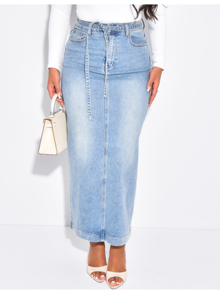 High-waisted, long denim skirt with drawstring waistband
