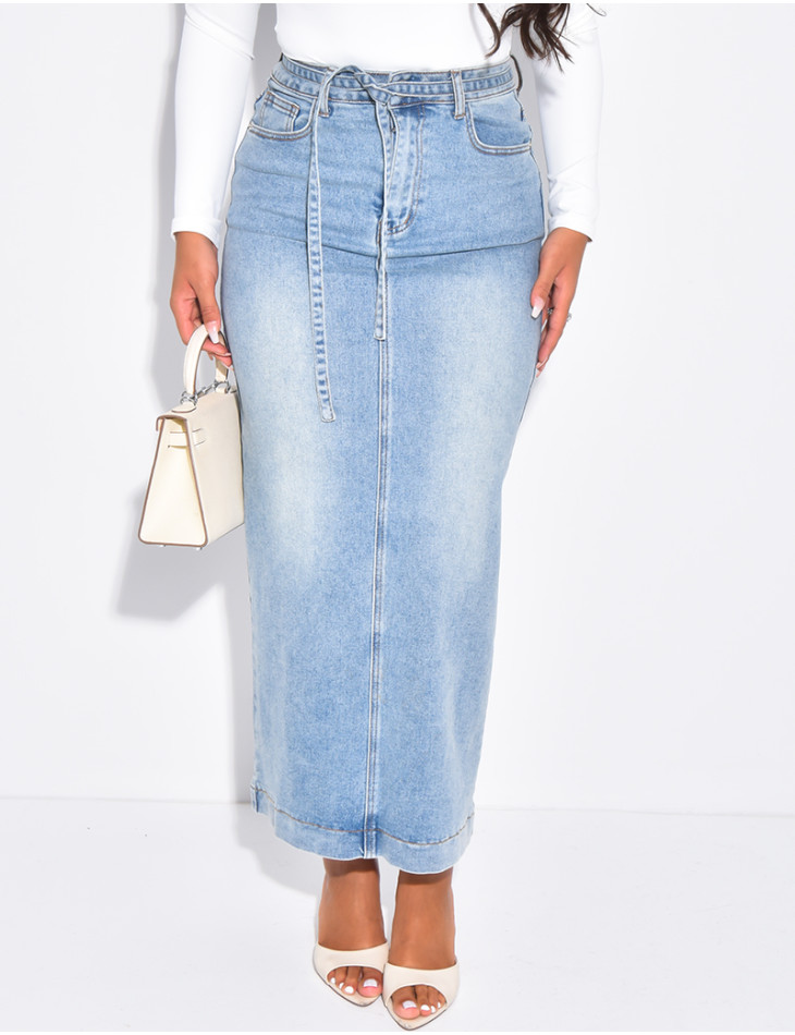High-waisted, long denim skirt with drawstring waistband